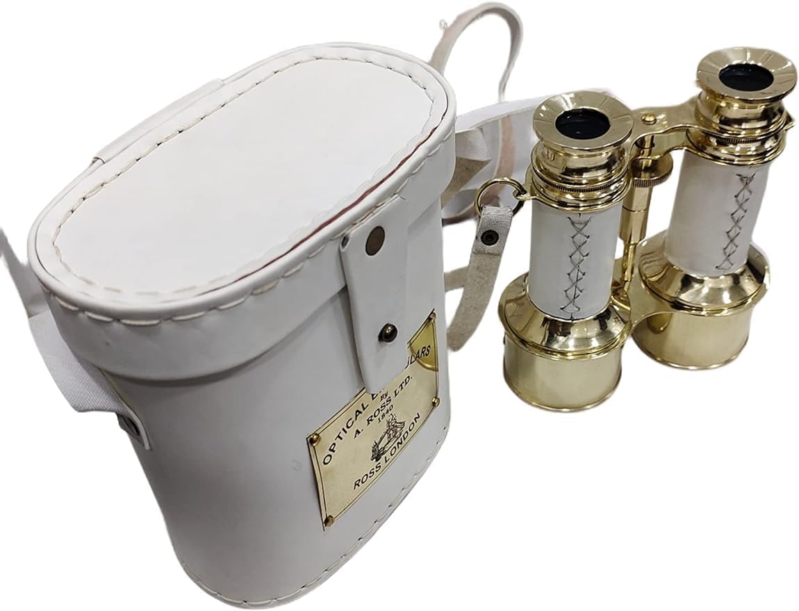 Shiny Brass Binocular with White Leather Case