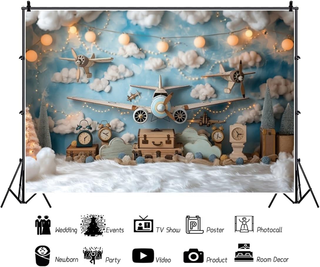 YongFoto 7x5ft Airplane Backdrop with Clouds and Blue Scenery