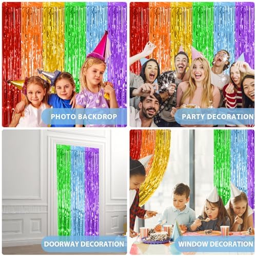 Biapian Rainbow Foil Fringe Curtains 2 Packs Party Decor