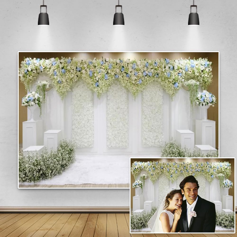 8x6ft White Green Floral Wedding Backdrop for Photography