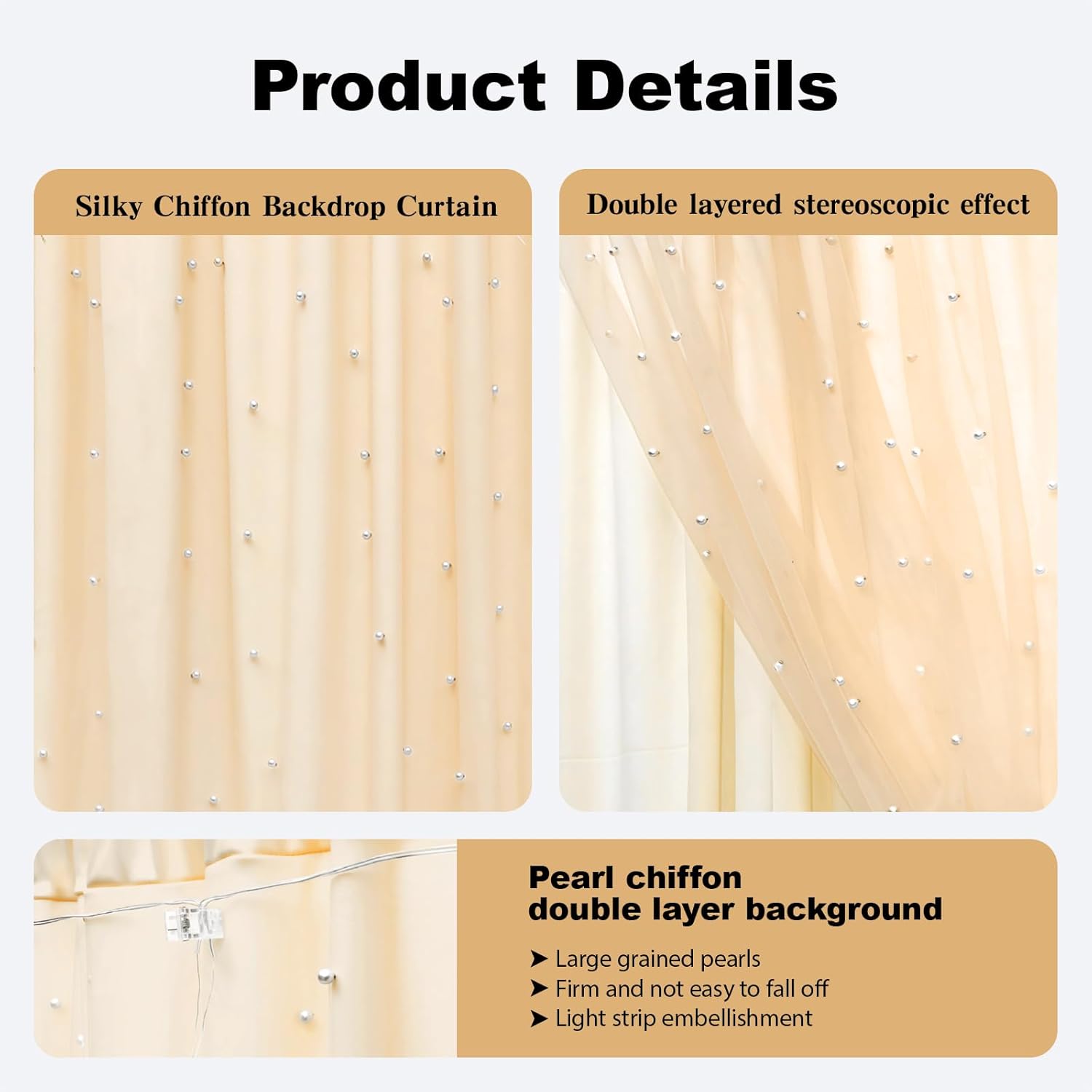 10x8ft Pearl Tulle Double Layered Backdrop with Lights and Clips