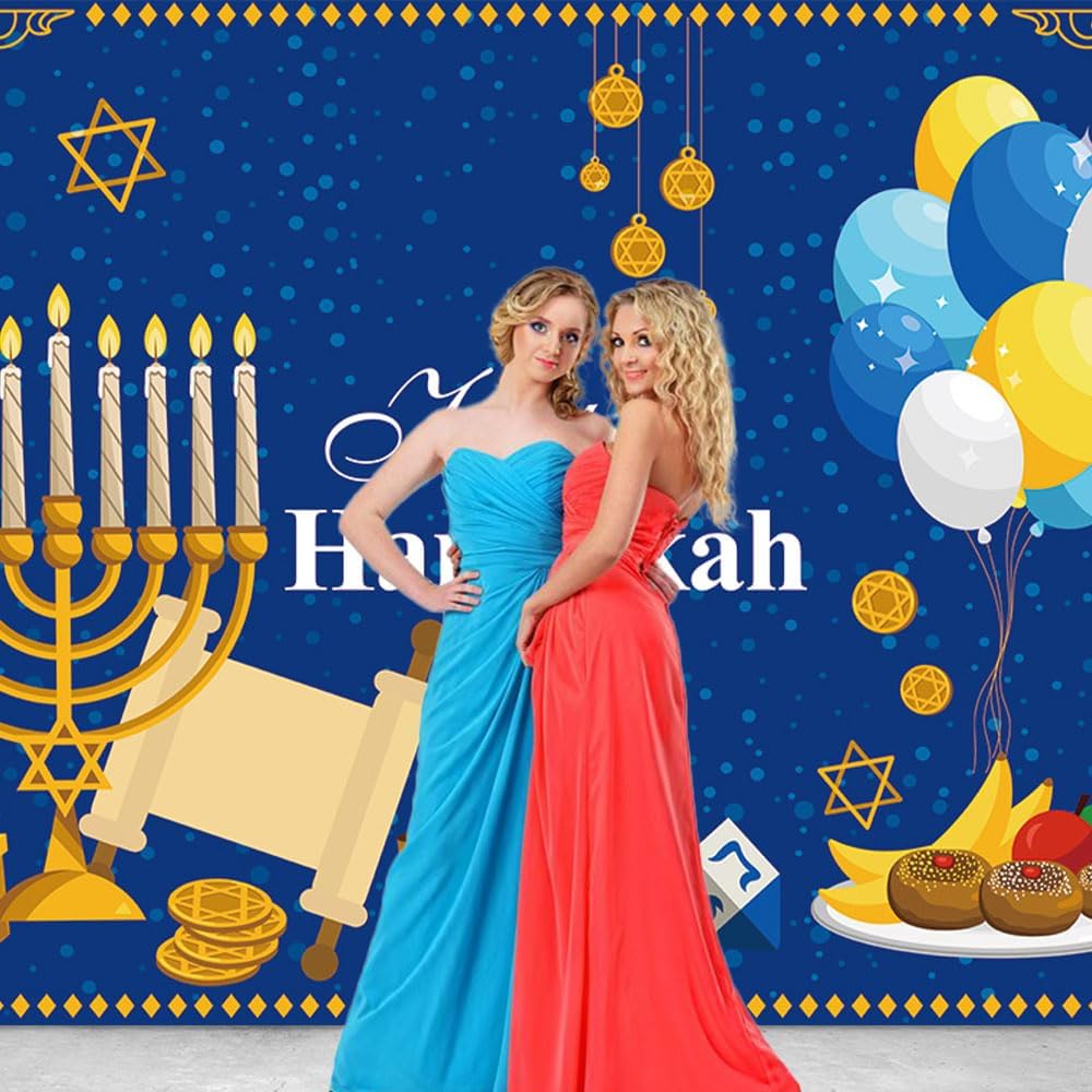 7x5FT Hanukkah Party Background with Blue Gold Design