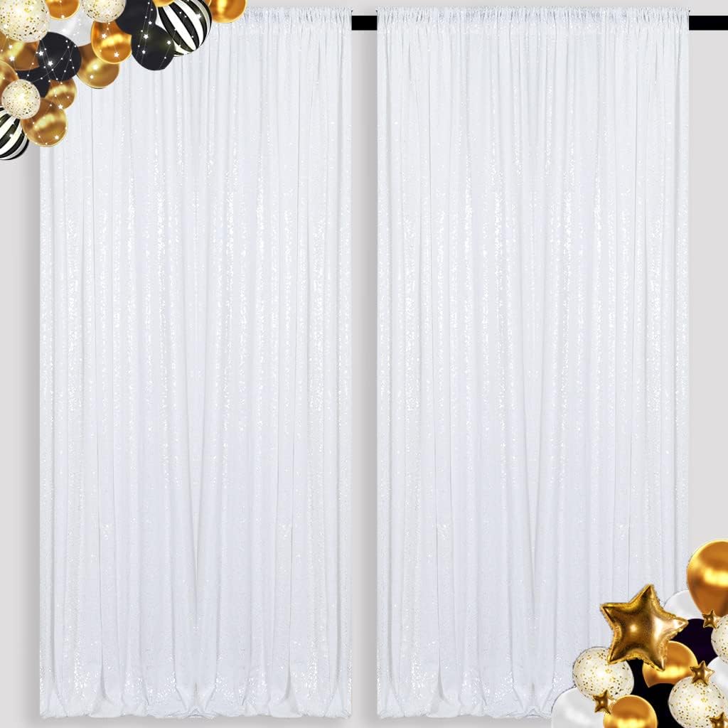 ShinyBeauty 2 Panels White Sequin Backdrop 5Ft x 10Ft Wedding Photography Background