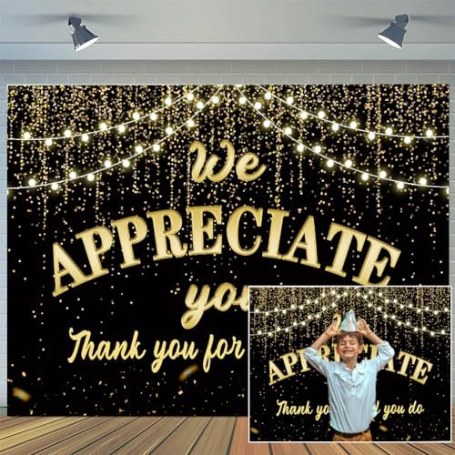 We Appreciate You Backdrop 10x8ft Black Golden Glitter Banner