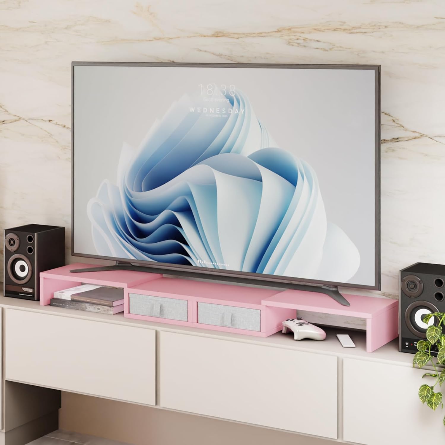TEAMIX Pink Dual Monitor Stand with 2 Drawers