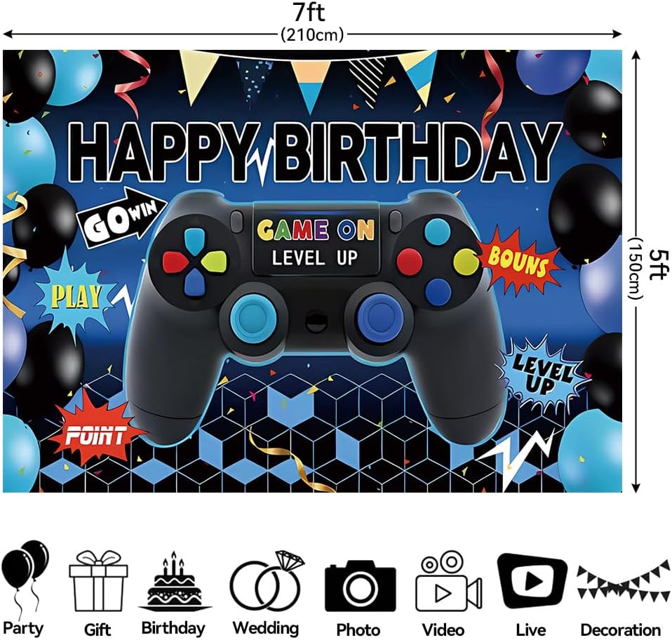 Qian 7x5ft Kids Birthday Party Photo Backdrop Level Up Game