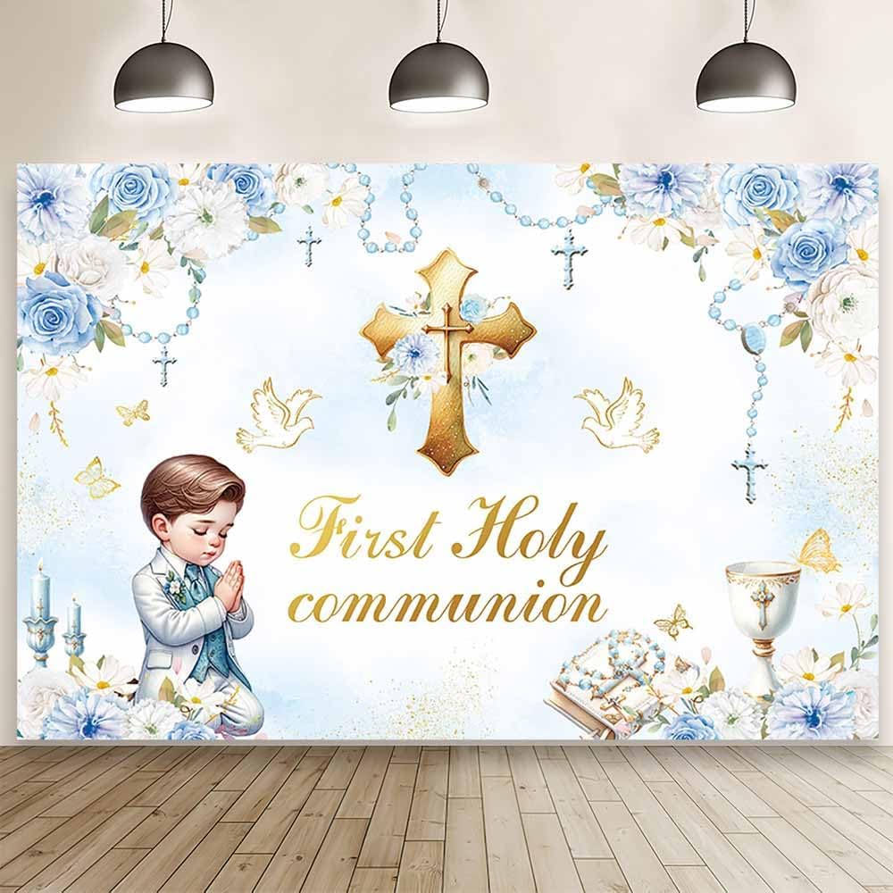 MEHOFOND 7x5ft First Holy Communion Backdrop with Blue Boy Design