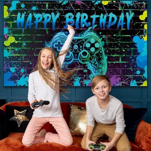 Video Game Birthday Backdrop with Ropes 72x44 Inch
