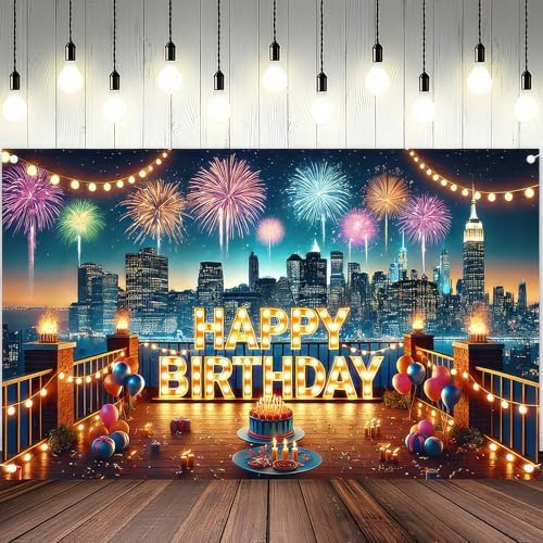 Happy Birthday City Skyline Fireworks Banner 71x43 Inch