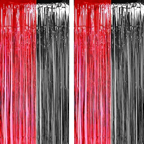 Casino Party Tinsel Foil Fringe Curtains - Red Black 32ft x 65ft 2pc