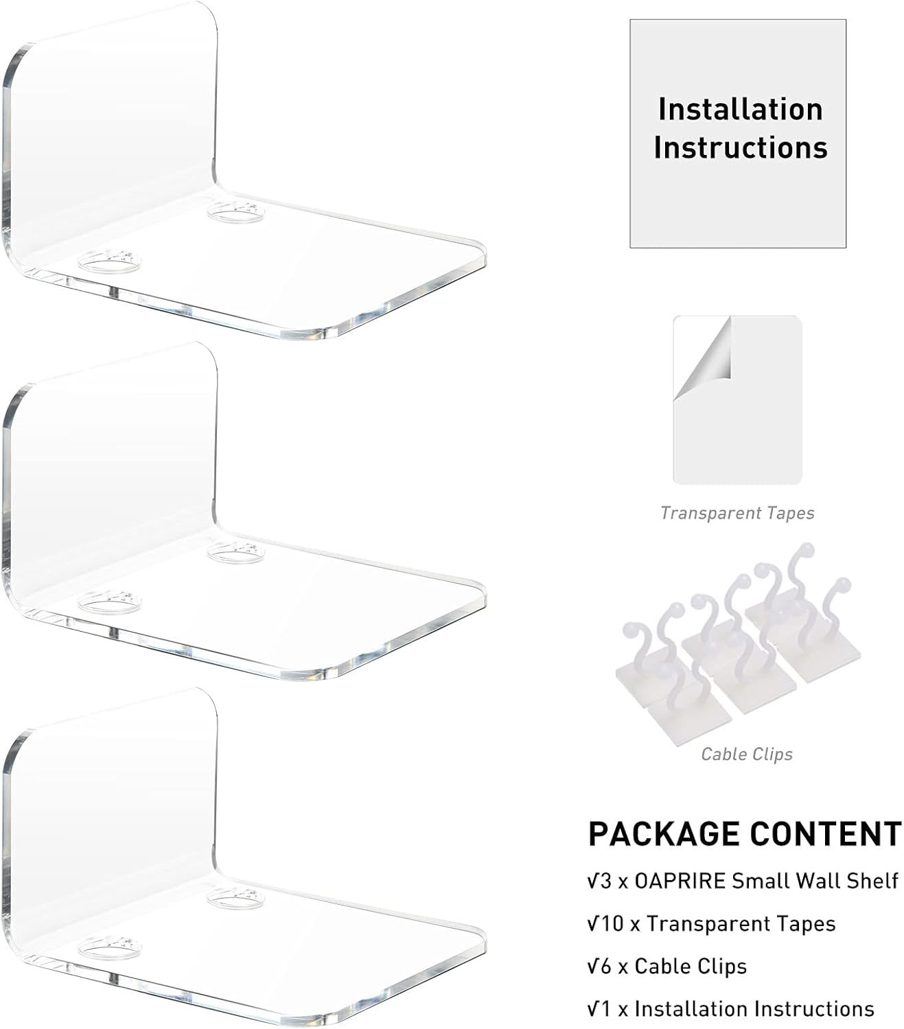 OAPRIRE 3 Piece Acrylic Floating Shelf Set - No Drill Clear Universal