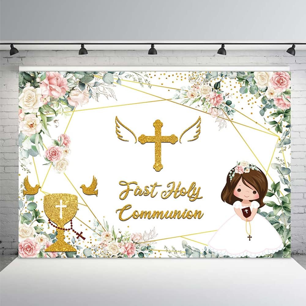 MEHOFOND Pink Floral First Holy Communion Backdrop 7x5ft