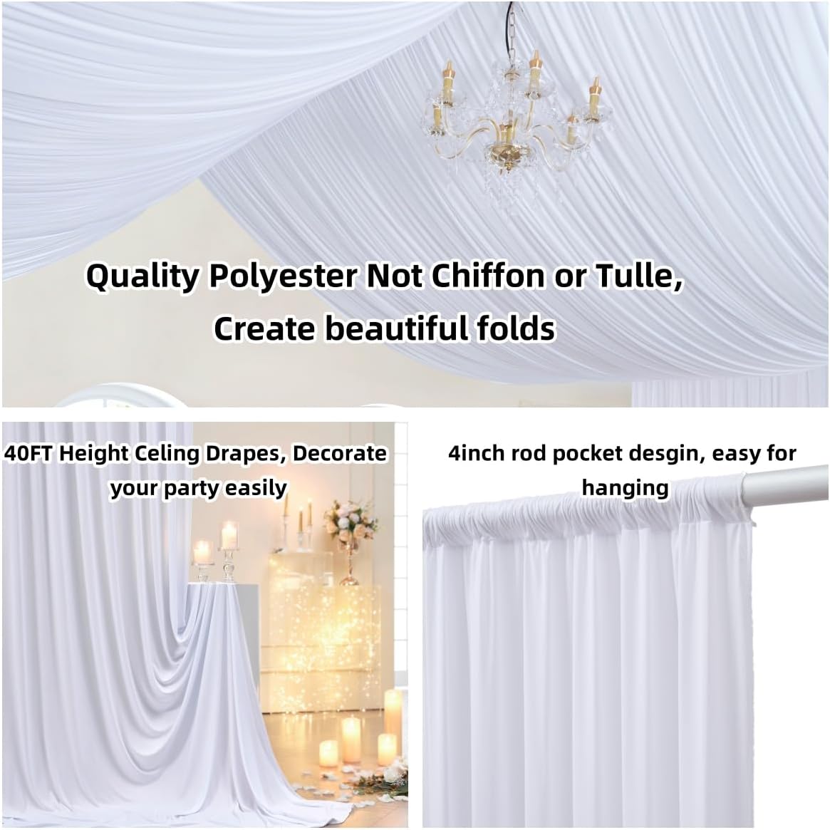 4 Panels White Wedding Drapes 5ftx40ft Wrinkle Free