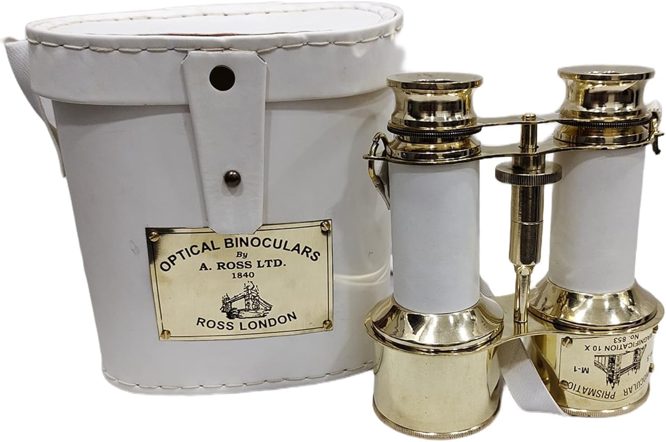 Shiny Brass Binocular with White Leather Case