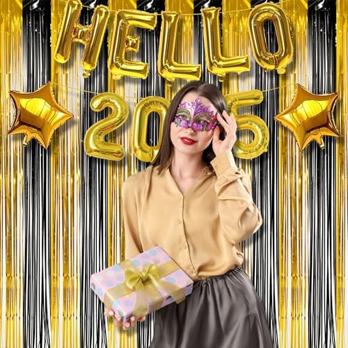 BRAVESHINE Black Gold Foil Curtains 2 Pack Photo Booth Backdrop