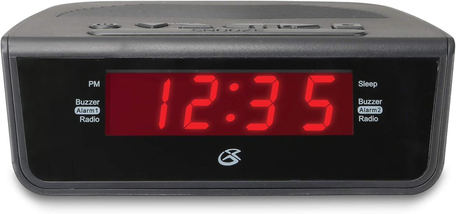 GPX C224B Dual Alarm Clock AM FM Radio with Red LED Display Black