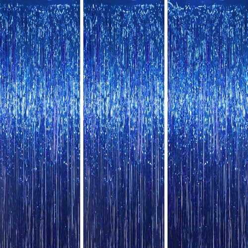 3 Pack Blue Foil Fringe Backdrop Curtains for Parties