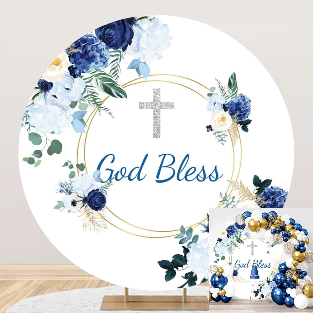 7x7ft God Bless Round Backdrop Cover for Baby Shower and Holy Communion