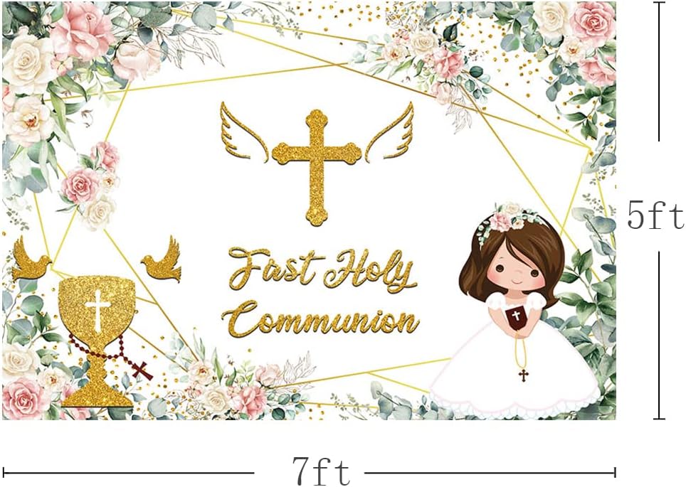 MEHOFOND Pink Floral First Holy Communion Backdrop 7x5ft