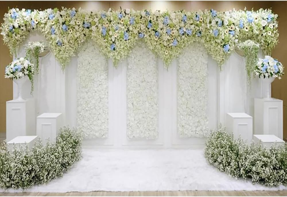 8x6ft White Green Floral Wedding Backdrop for Photography