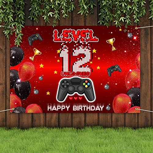 Level 12 Unlocked Birthday Backdrop Banner Red Black