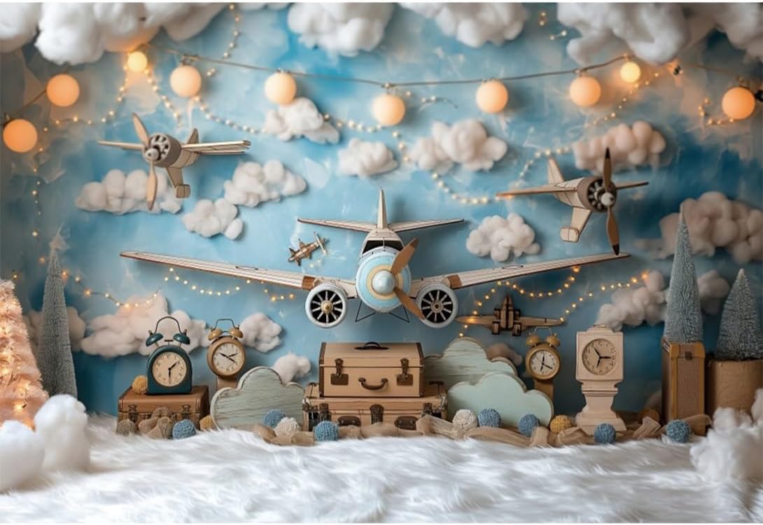YongFoto 7x5ft Airplane Backdrop with Clouds and Blue Scenery