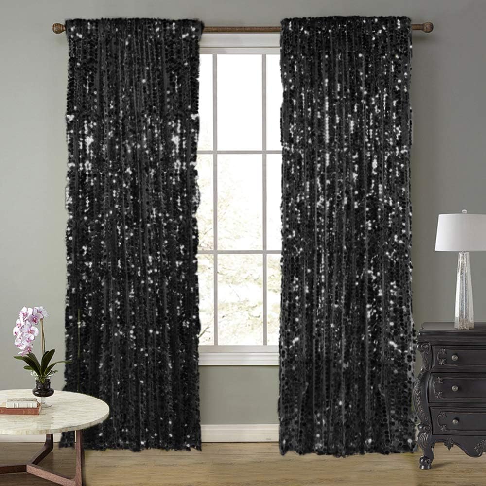 18MM Black Sequin Curtains 45FTX9FT 2 Panels Backdrop
