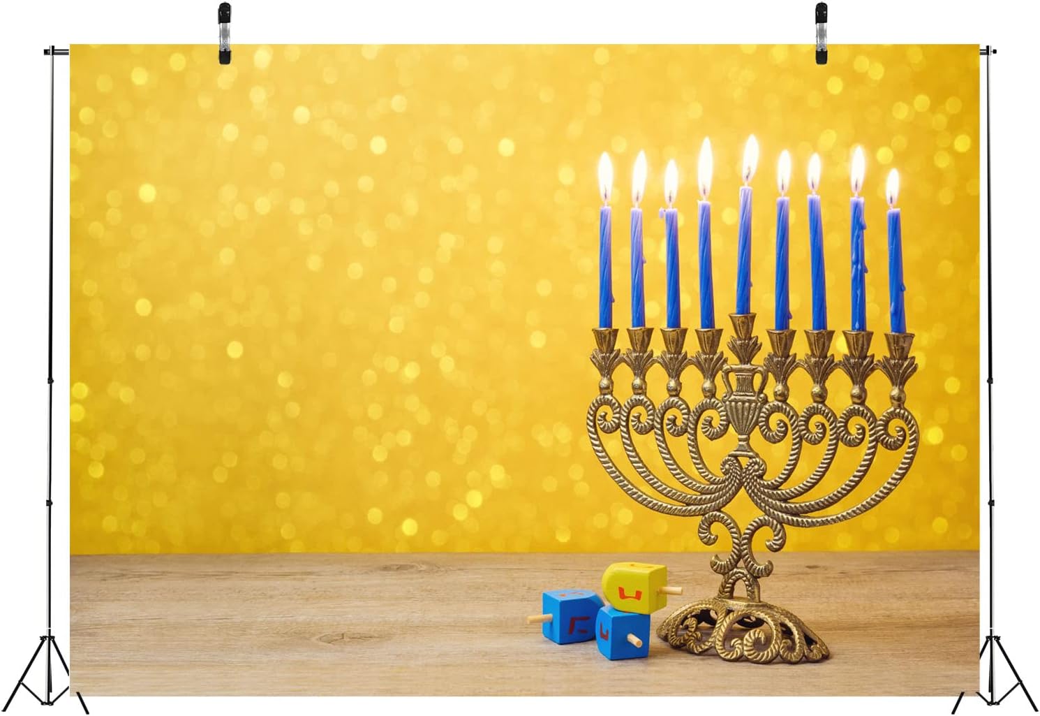 BELECO 8x6ft Hanukkah Photo Backdrop with Golden Glitter Bokeh Lights