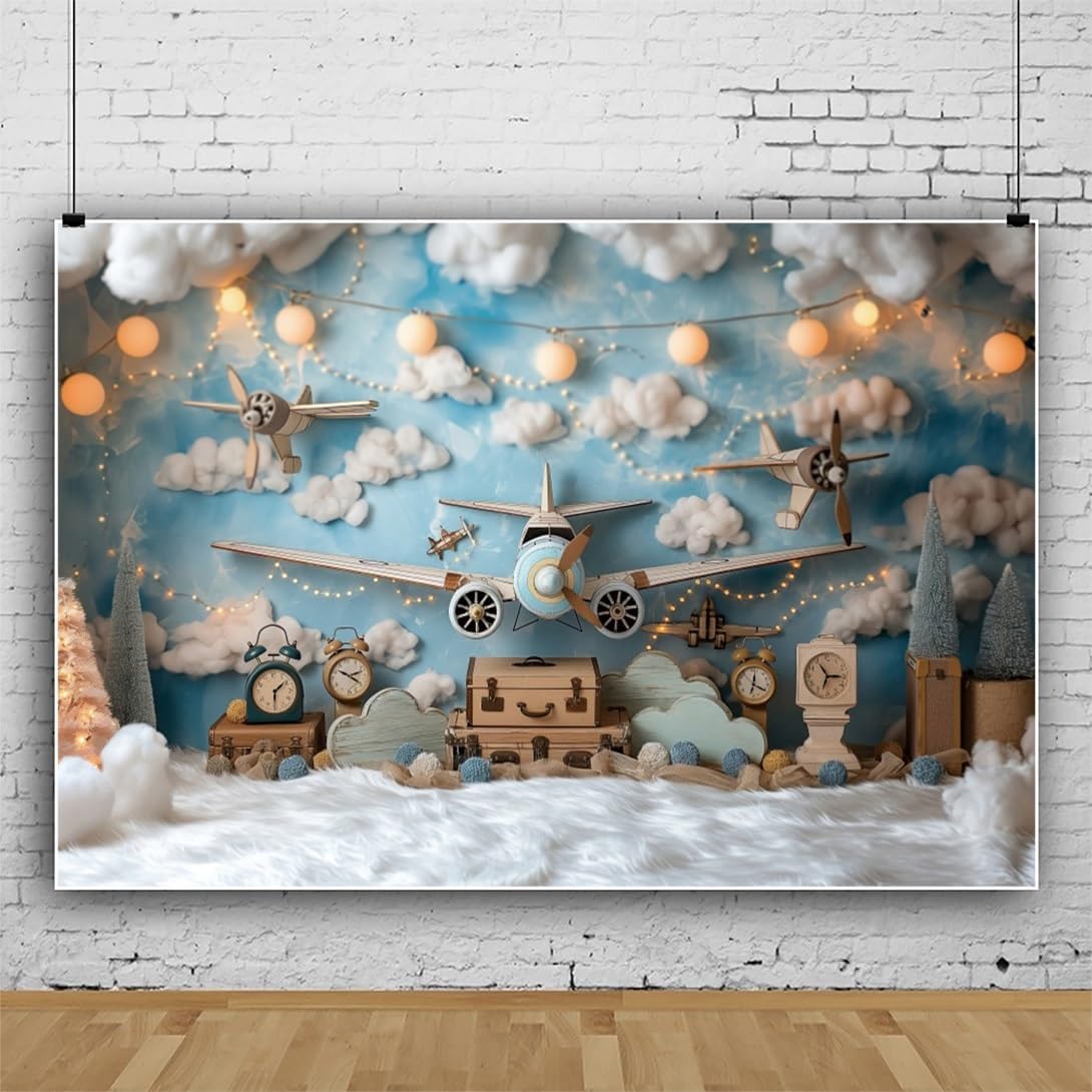 YongFoto 7x5ft Airplane Backdrop with Clouds and Blue Scenery