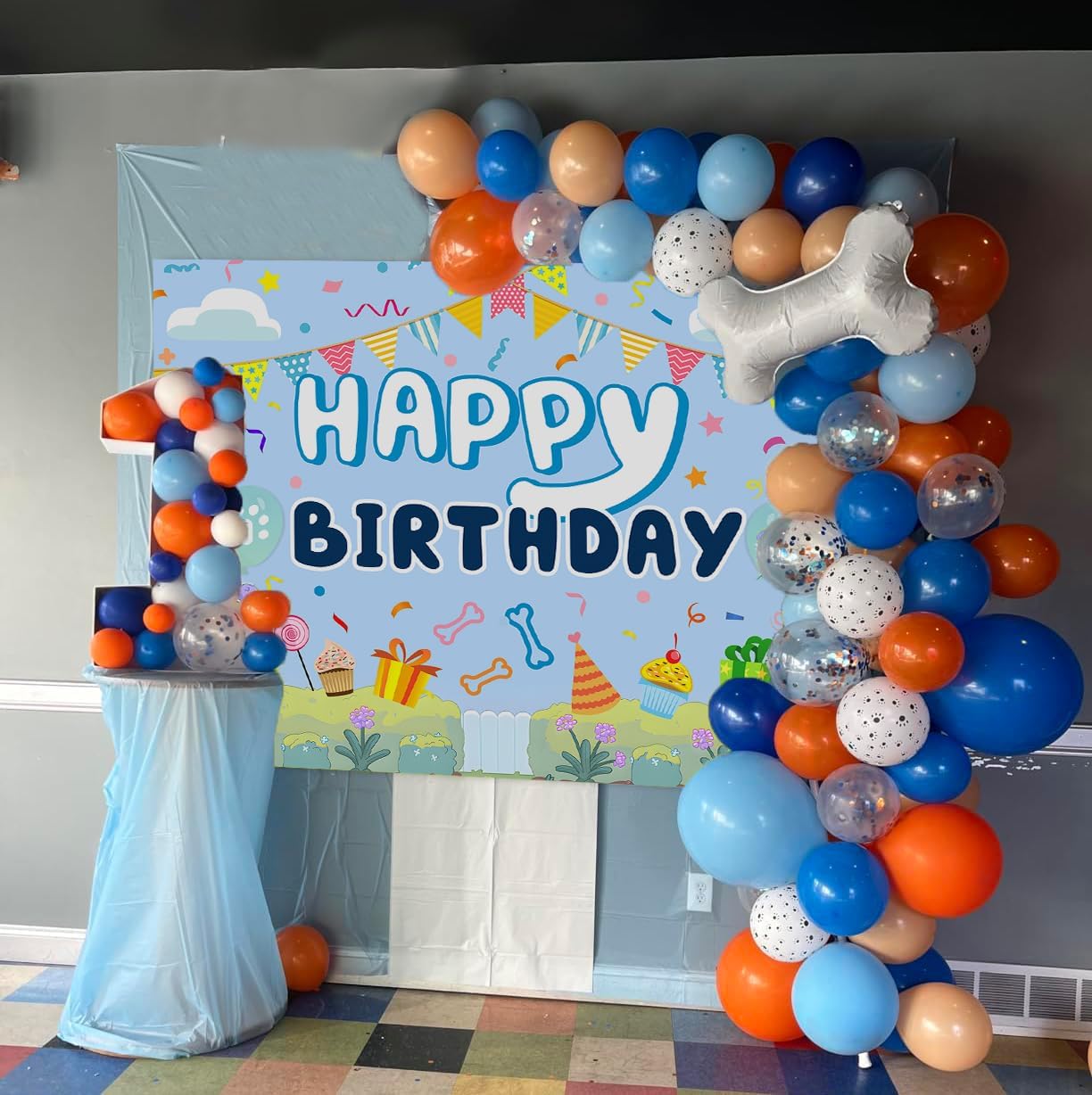 Blue Dog Cartoon Birthday Backdrop for Boys and Girls