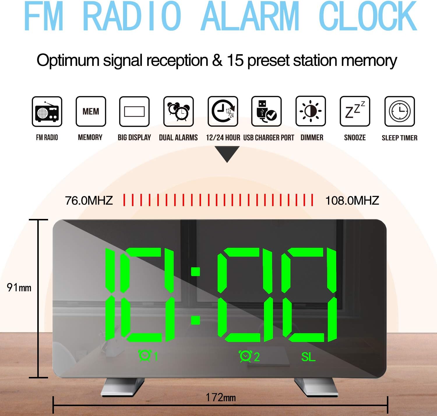 ThreeH Alarm Clock Radio with USB Charging and Adjustable Brightness