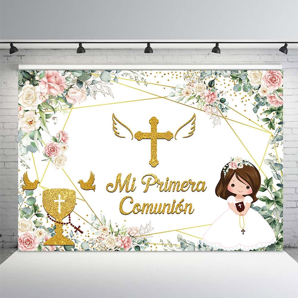 MEHOFOND 7x5ft Pink White Floral Backdrop for Girls Baptism Party