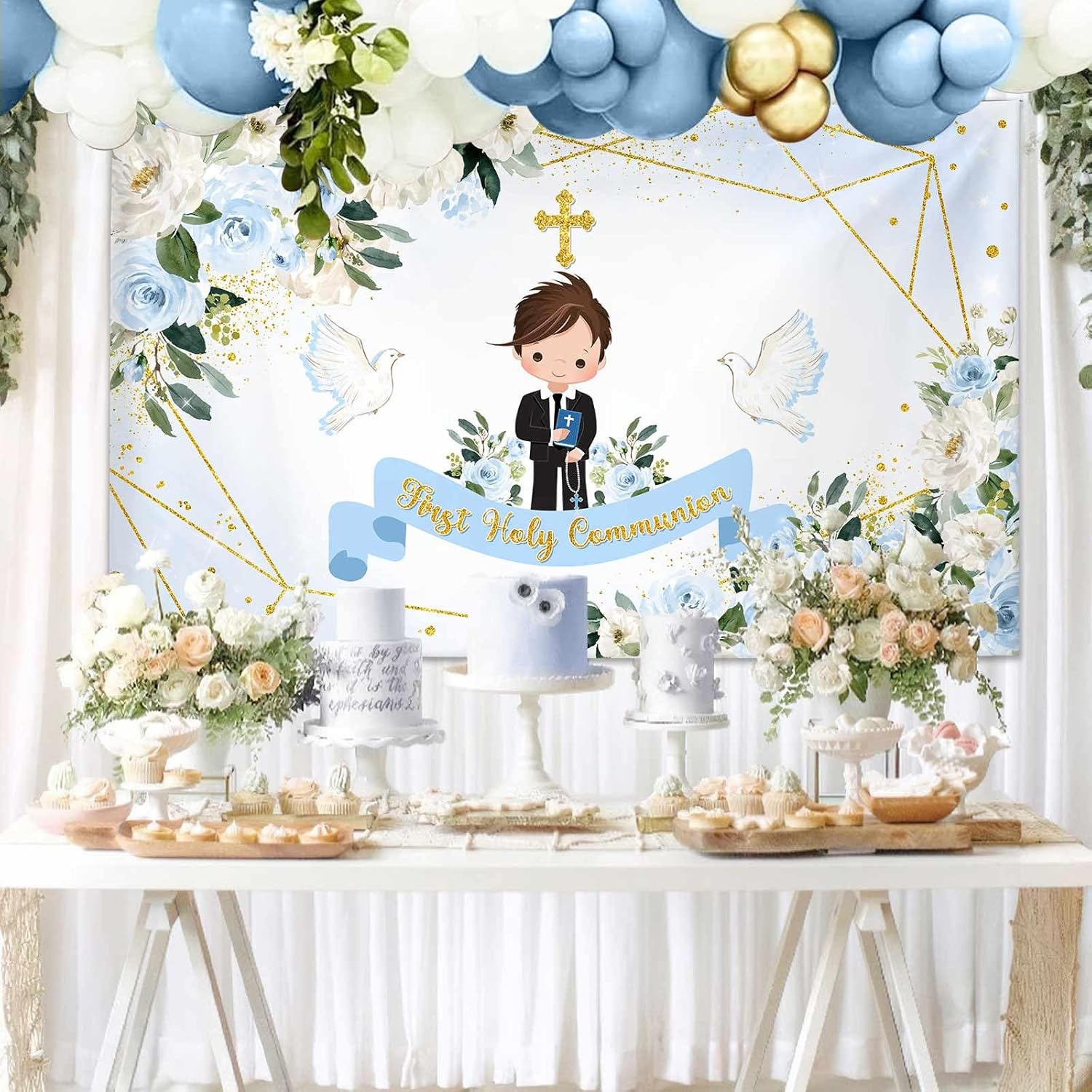 MEHOFOND First Holy Communion Photo Backdrop 7x5ft Blue Floral