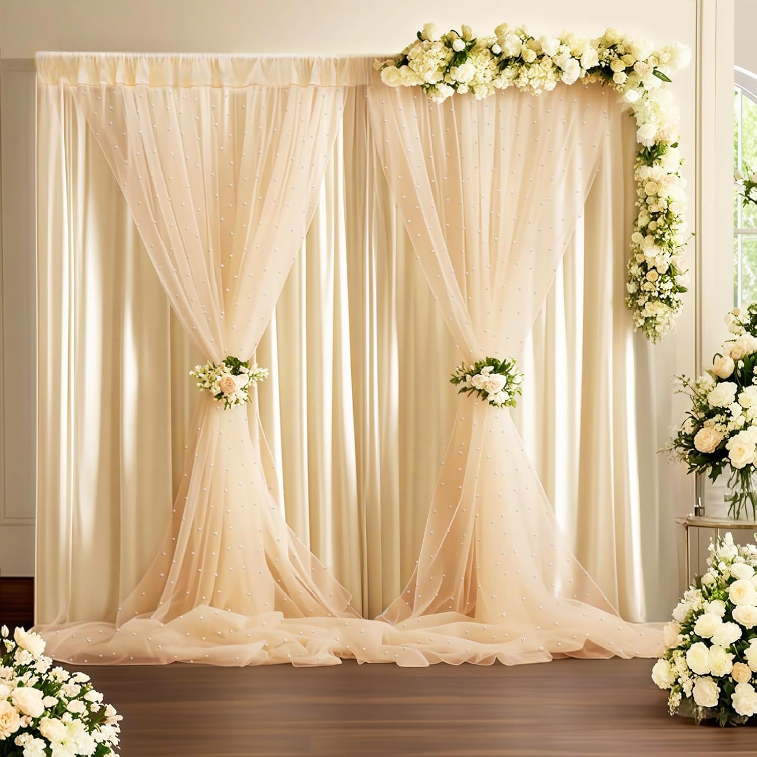 10x8ft Pearl Tulle Double Layered Backdrop with Lights and Clips