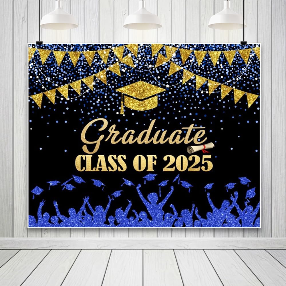 2025 Graduation Backdrop 10x8ft Blue Gold Glitter