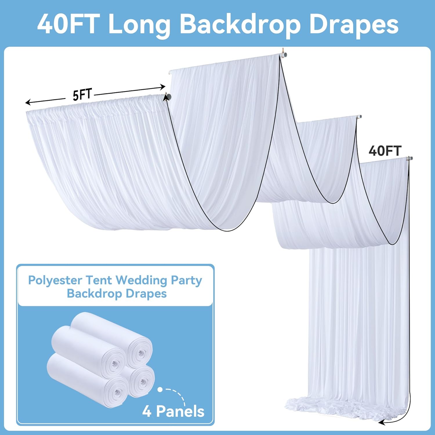 4 Panels White Wedding Drapes 5ftx40ft Wrinkle Free