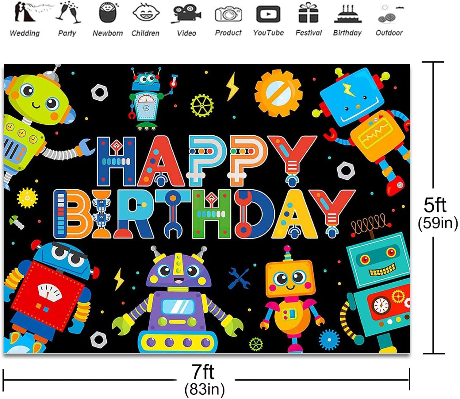 Robot Birthday Backdrop 7x5ft for Boys Party Decor