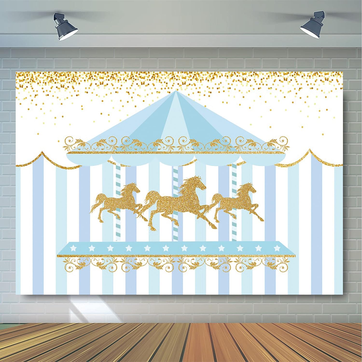 7x5ft Blue Gold Stripe Carousel Birthday Party Backdrop
