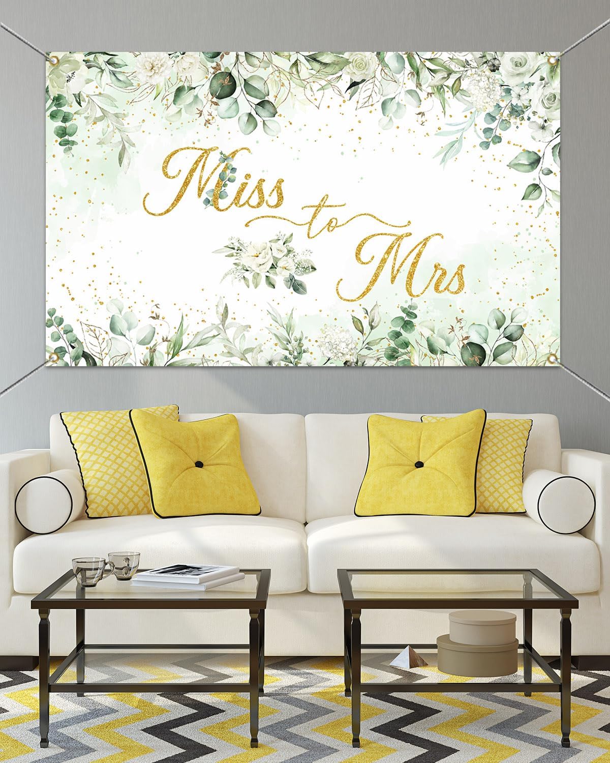 Mocsicka Miss to Mrs Greenery Banner with Gold Dots