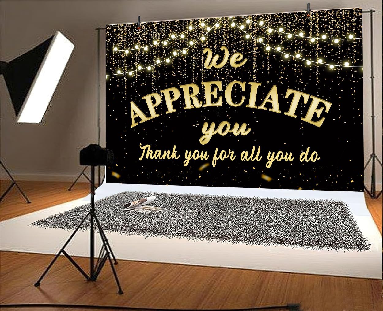 We Appreciate You Backdrop 10x8ft Black Golden Glitter Banner