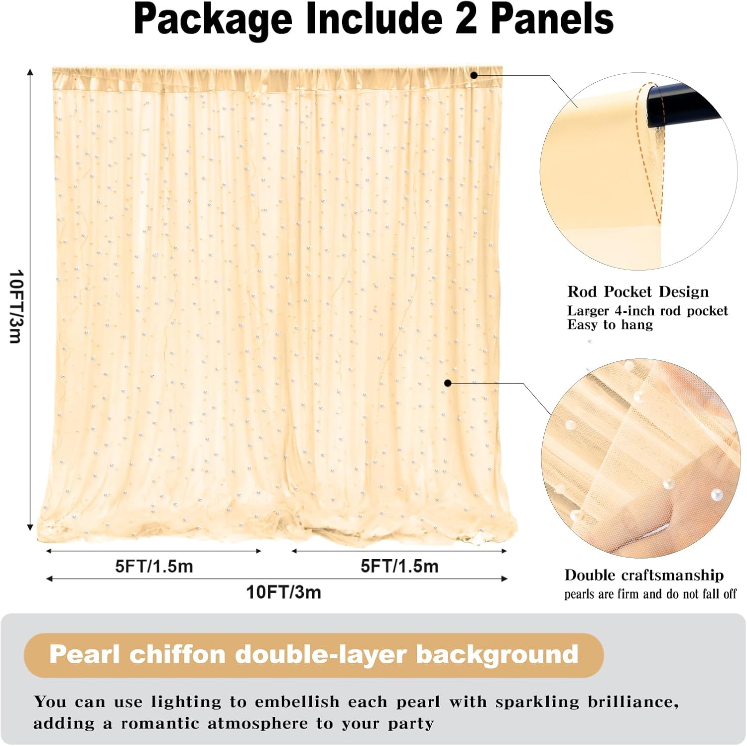 10x8ft Pearl Tulle Double Layered Backdrop with Lights and Clips