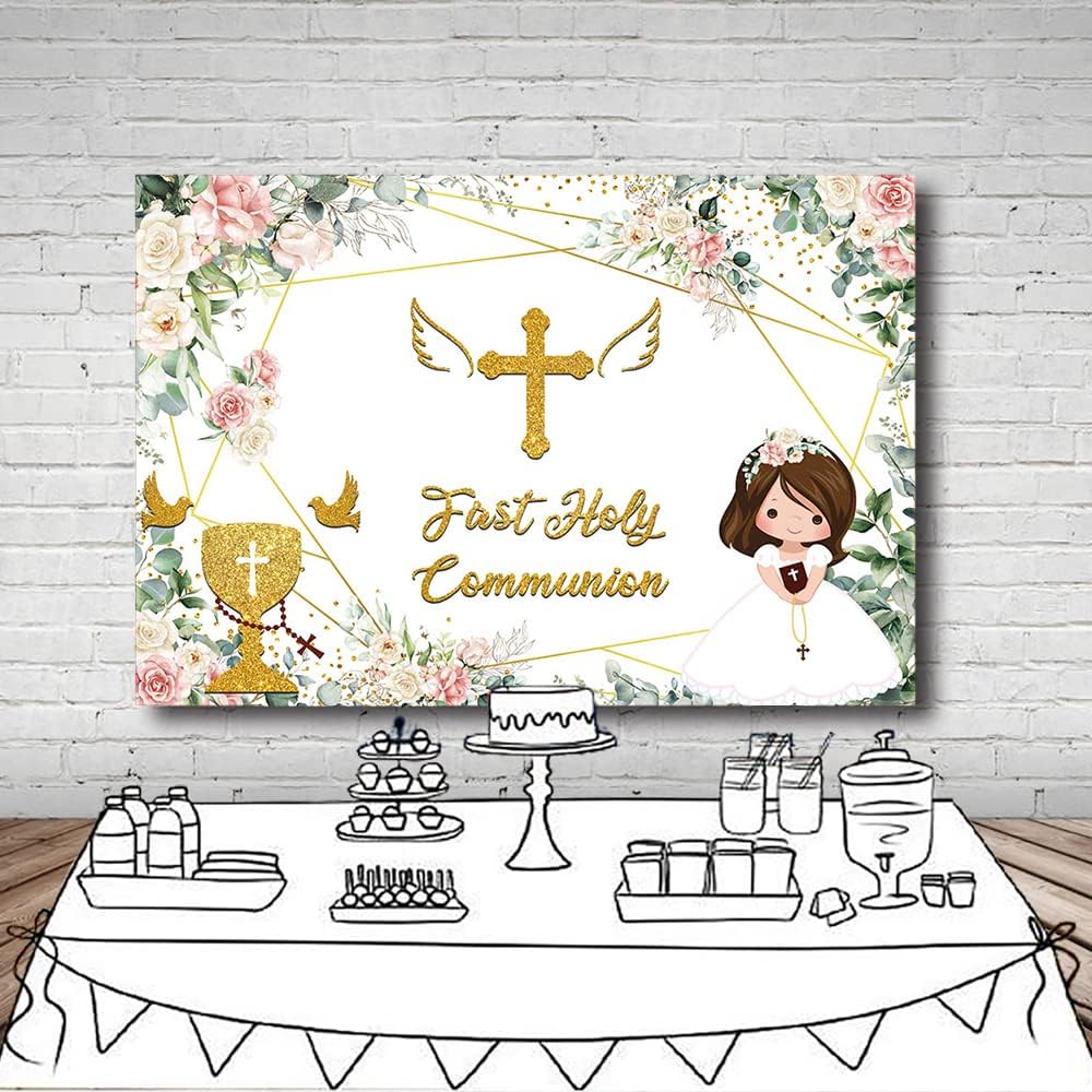 MEHOFOND Pink Floral First Holy Communion Backdrop 7x5ft