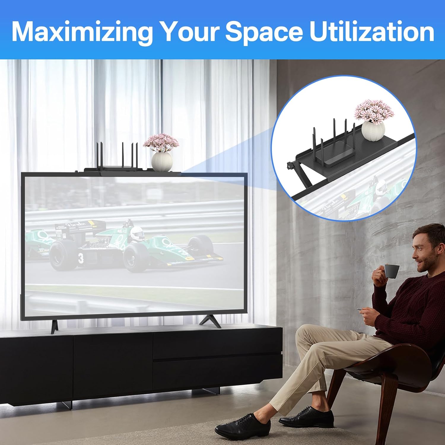13 Inch Wide Adjustable TV Top Shelf with Cable Box Holder