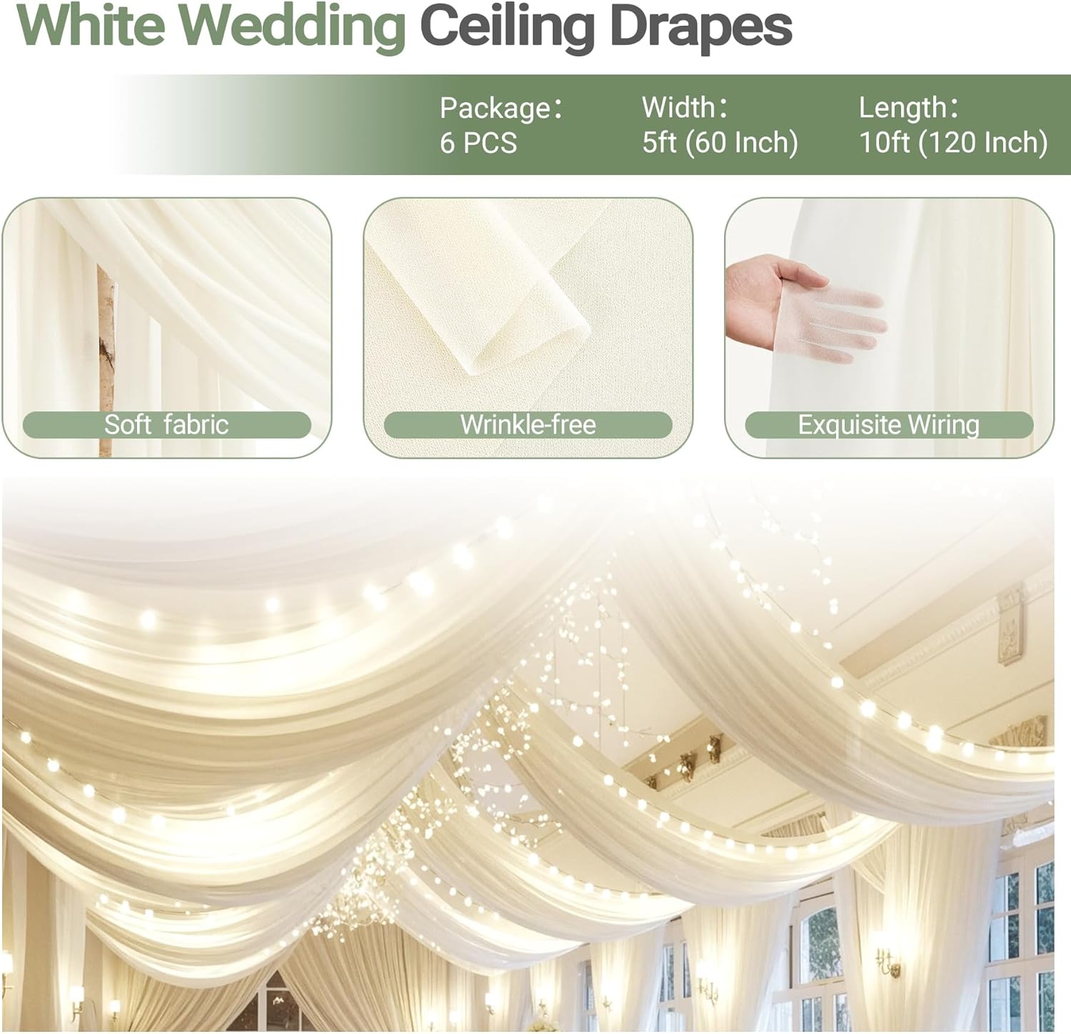 Ivory Ceiling Drapes with Lights Set