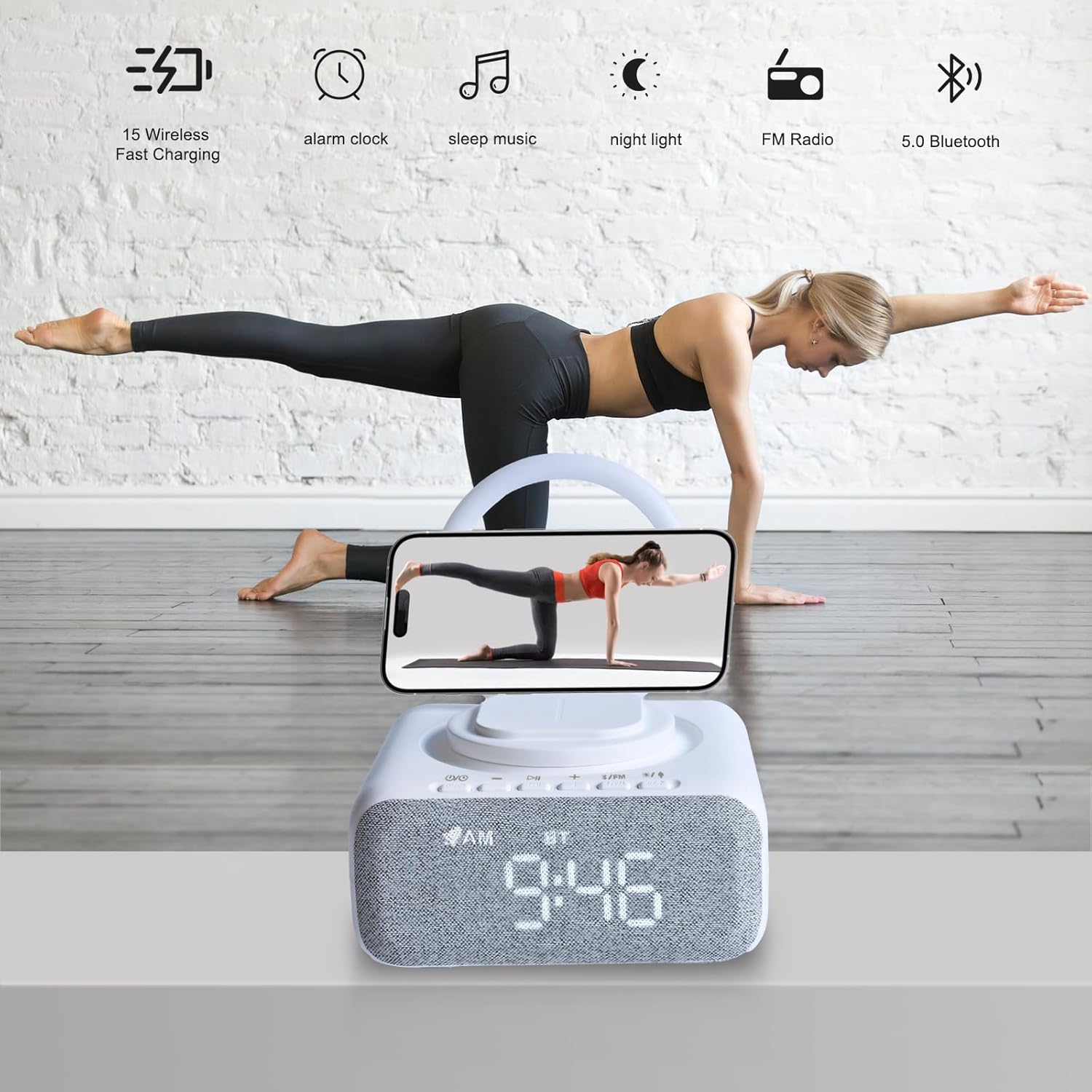 GEYUEYA Home Bluetooth Speaker with Night Light and Alarm Clock Radio