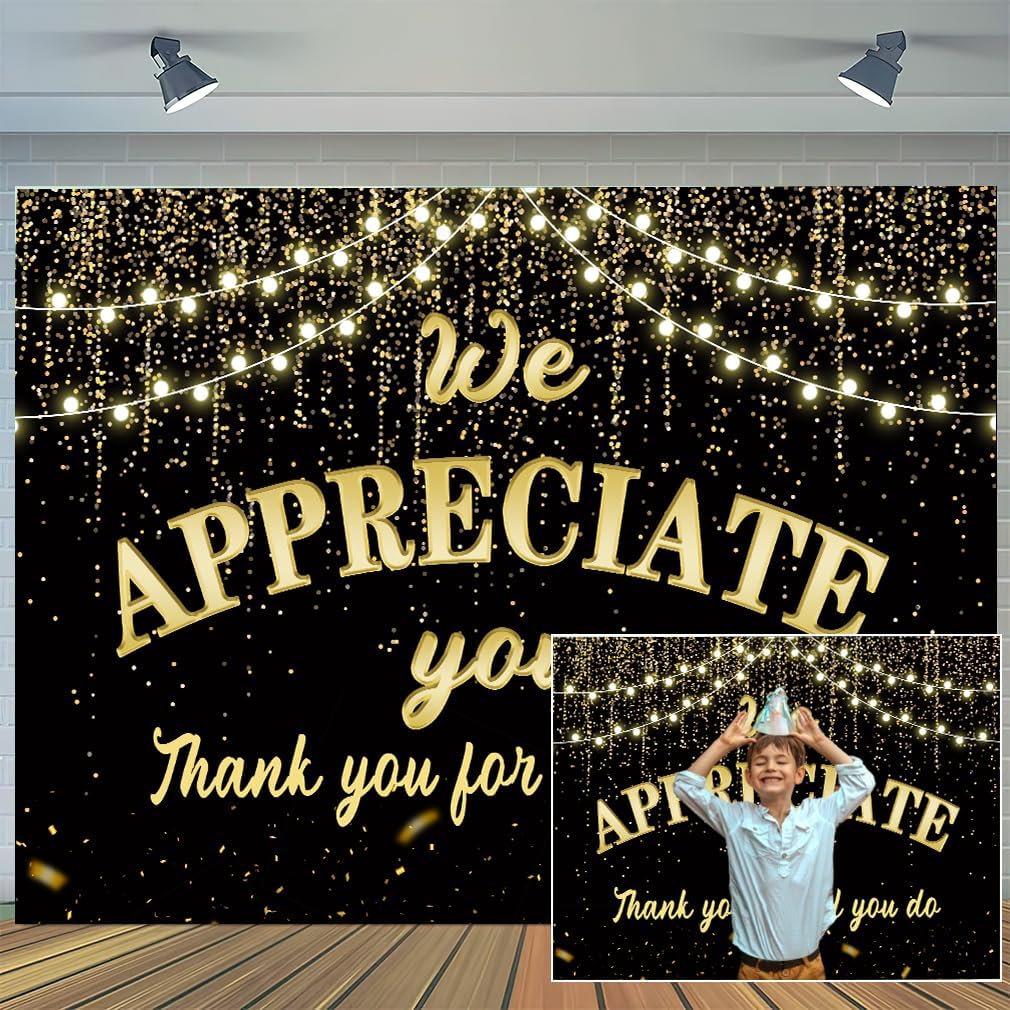 We Appreciate You Backdrop 10x8ft Black Golden Glitter Banner