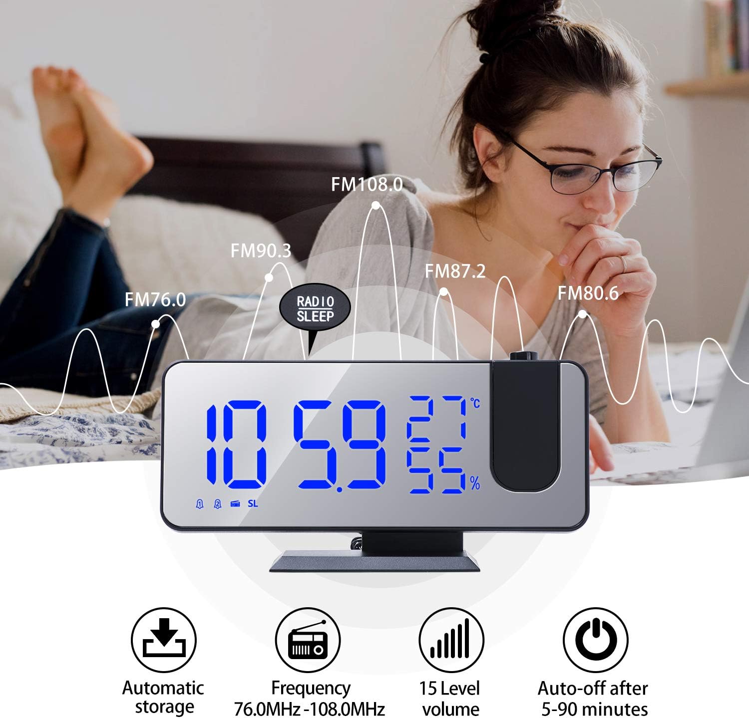 ThreeH Projection Alarm Clock with 4 Dimmer and 180 Degree Rotation