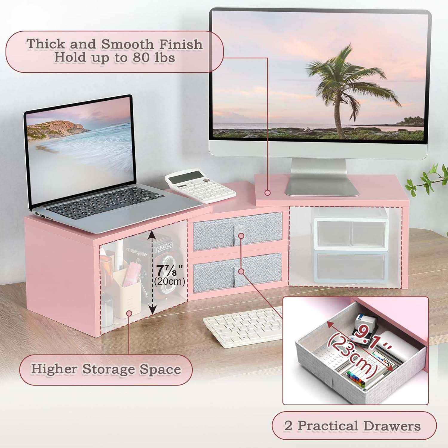TEAMIX Pink Dual Monitor Stand with 2 Drawers