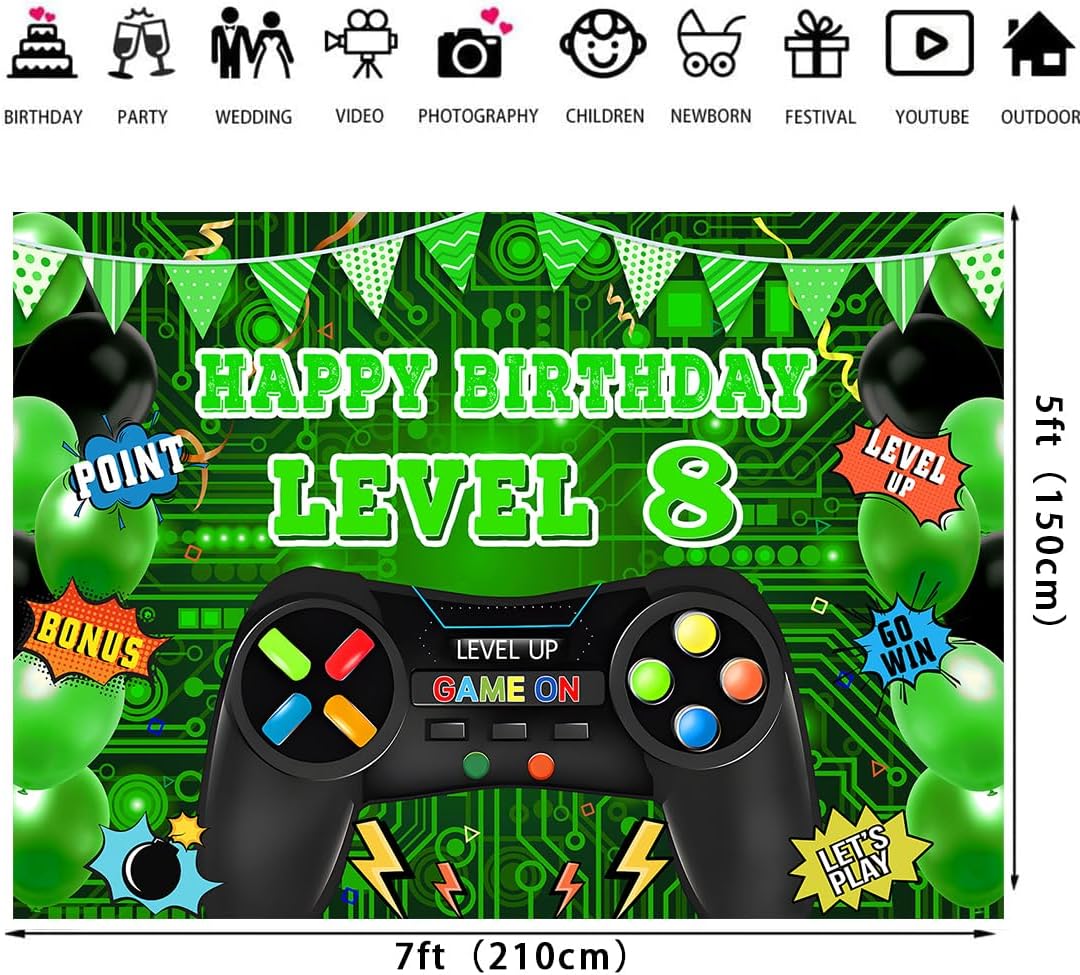 Video Game Level 8 Birthday Backdrop 7x5ft