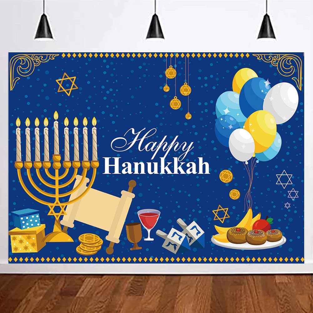 7x5FT Hanukkah Party Background with Blue Gold Design